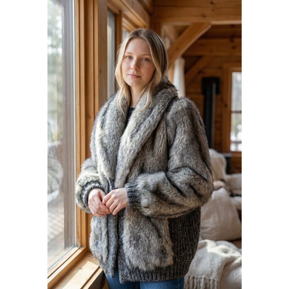 VINTAGE FOX FAUX FUR SWEATER COAT SZ L/XL